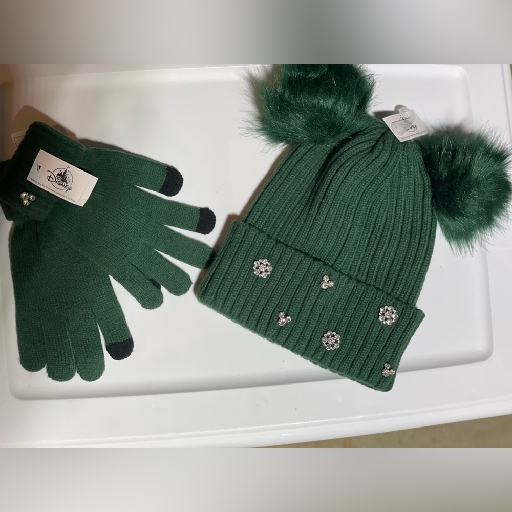 Emerald Green Disney Mickey Mouse Pom Pom & Rhinestone Hat & Gloves